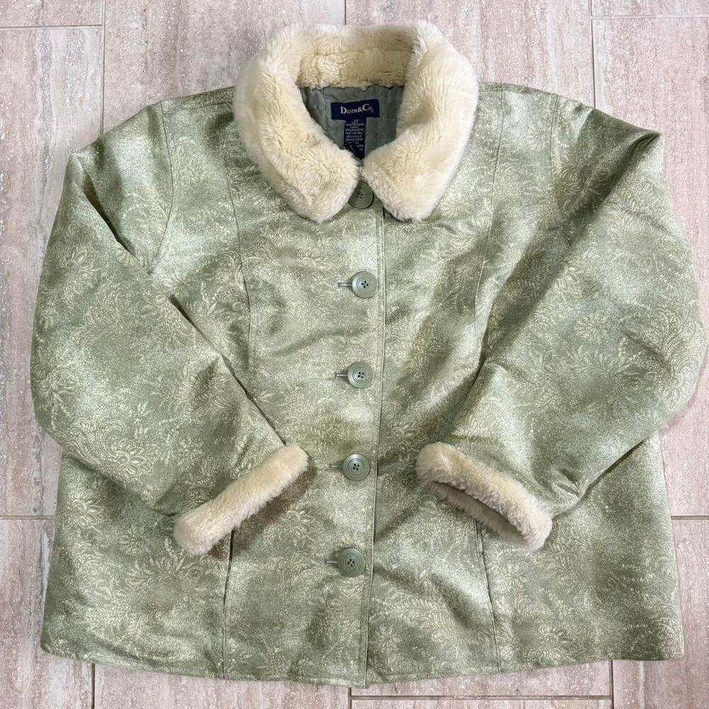 Vtg Y2K Denim & Co Sage Green Paisley Brocade Jacket Faux Fur Collar Coat 2X